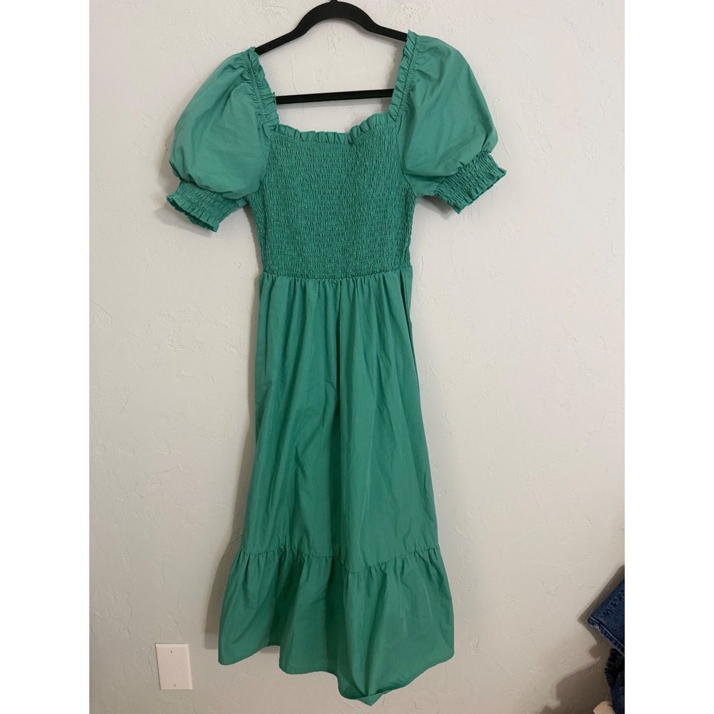 Lark + Grey Green‎ Smocked Puff Sleeve Tiered Midi Dress JRD3471M Womens Small